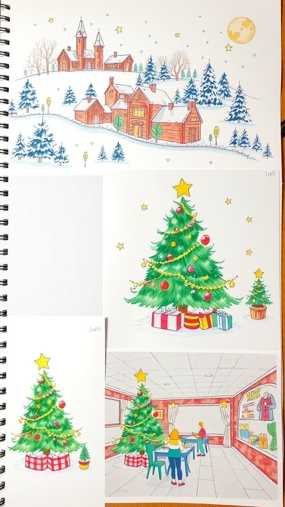 Creative Christmas Background Drawing Ideas A collage of Christmas drawings featuring a snowy village, a cozy living room, and a festive market.